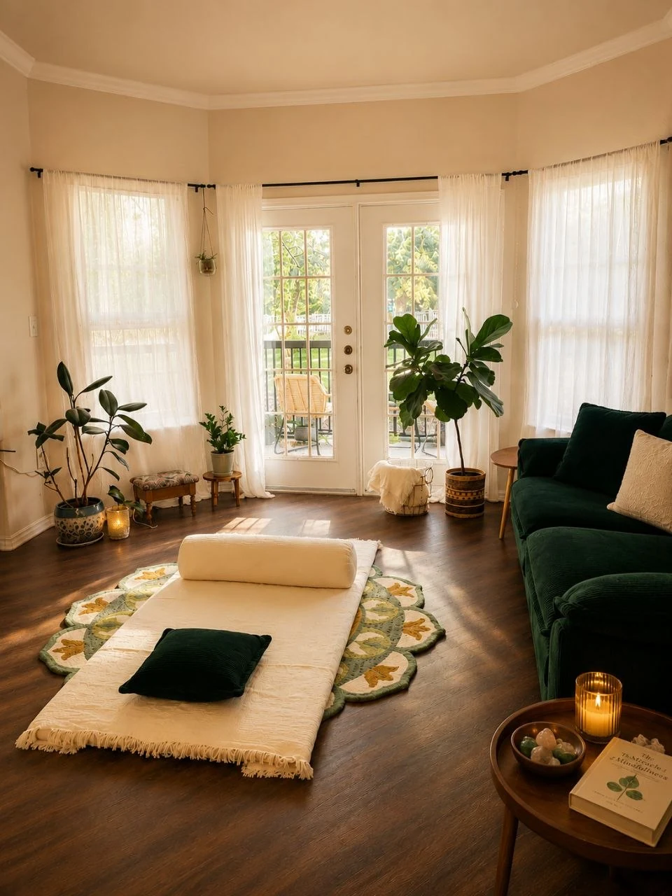 Michal’s sunlit practice space with a floor mat and seating in Austin, Texas